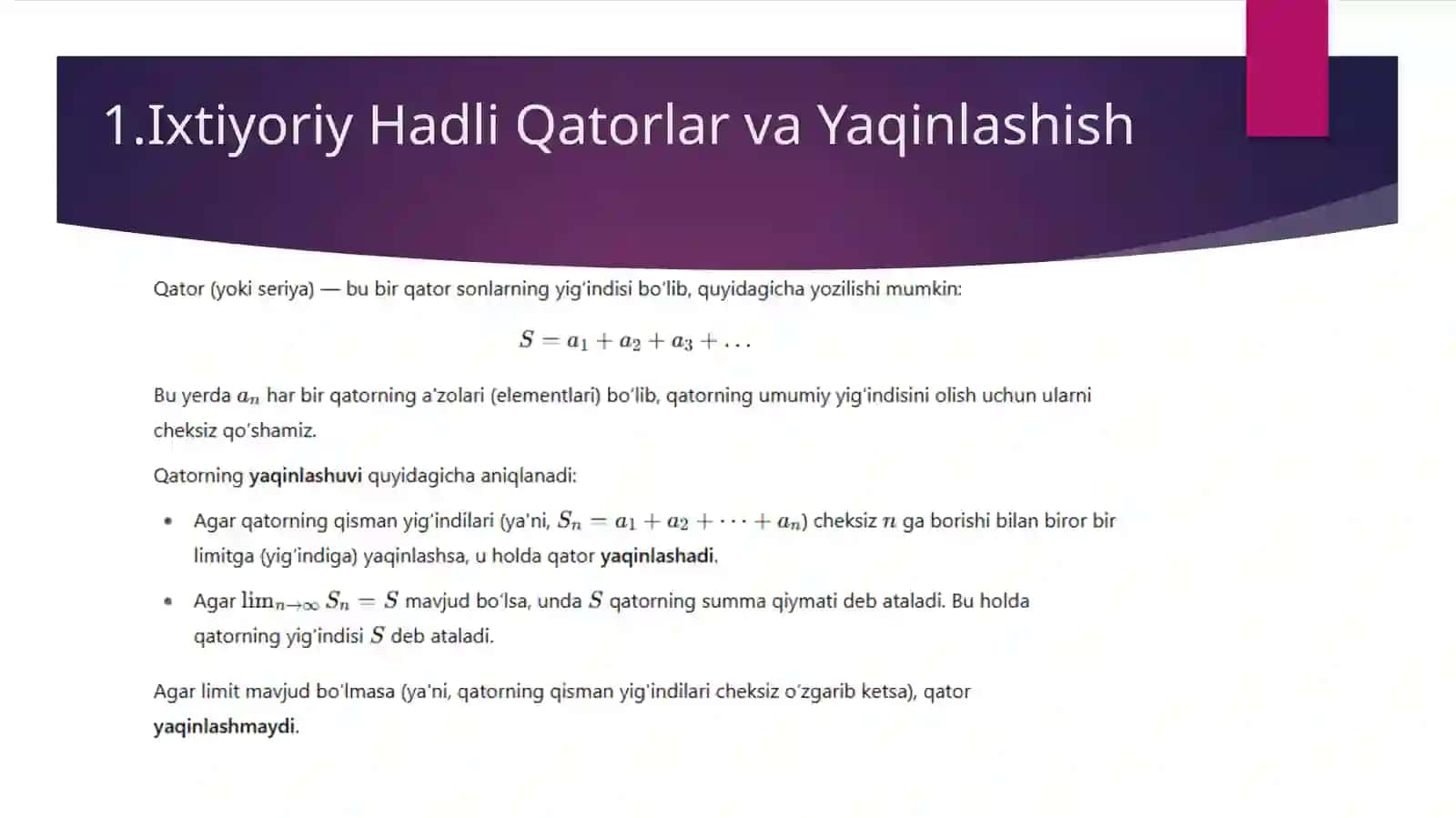 Ixtiyoriy hadli qatorlar va ular yaqinlashishining Leybnits, Dirixle va Abel alomatlari 2