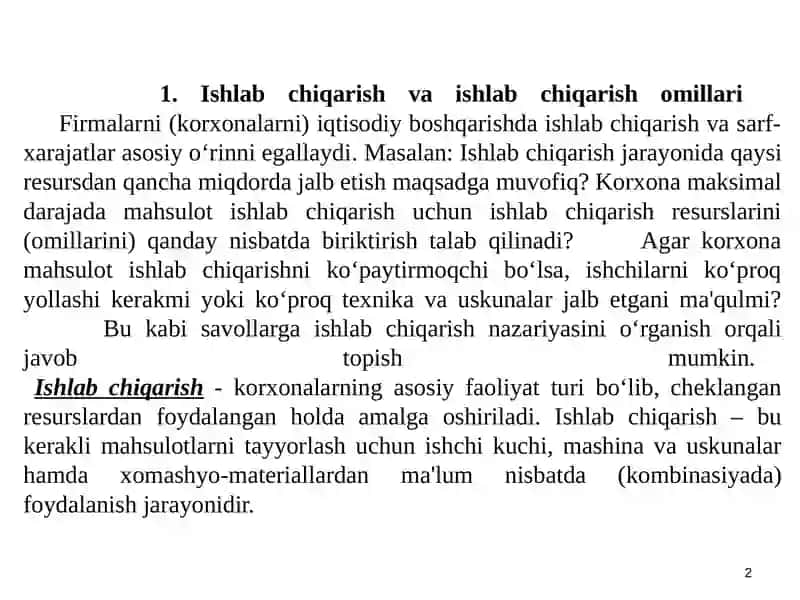 Ishlab chiqarish va ishlab chiqarish nazariyasi 2