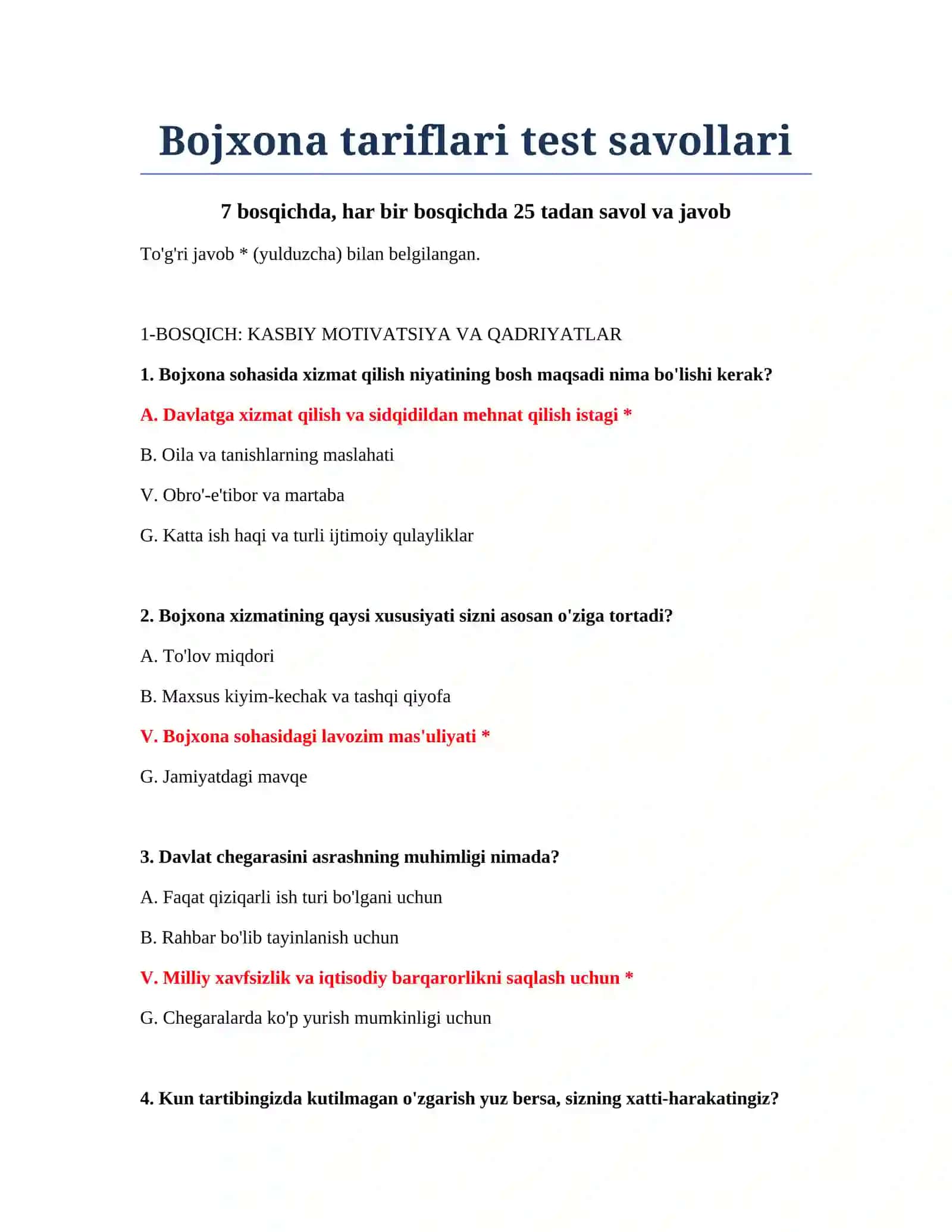 Bojxona tariflari test savollari 2