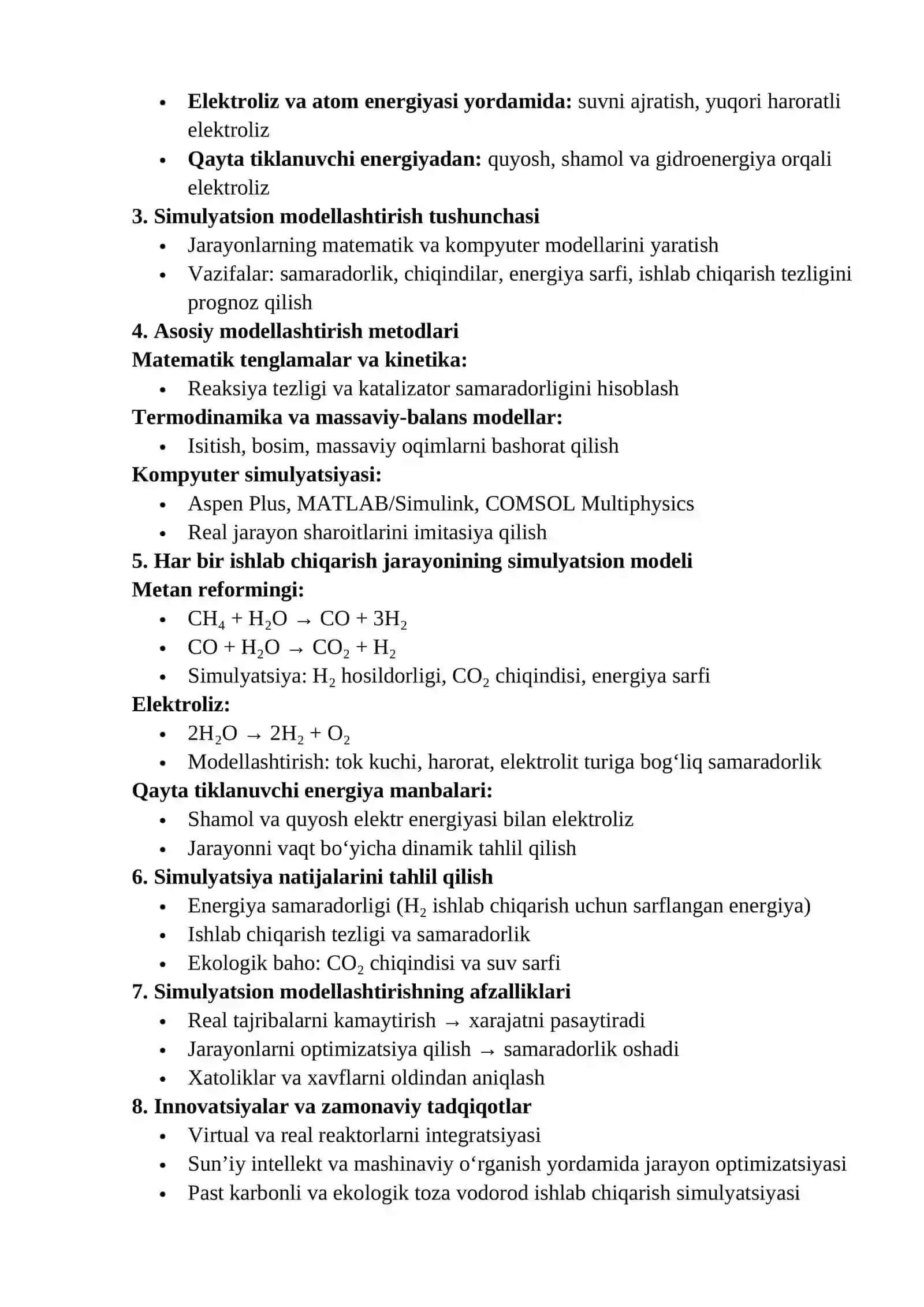Vodorod ishlab chiqarish jarayonlarining simulyatsion modellari 2