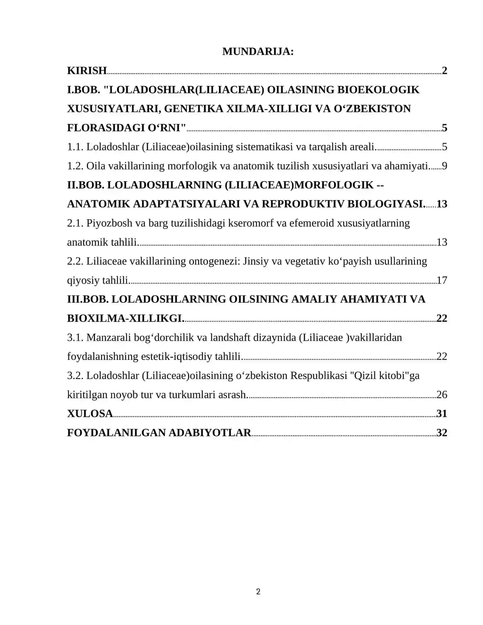 LOLADOSHLAR (LILIACEAE) OILASINING BIOEKOLOGIK XUSUSIYATLARI, GENETIK XILMA-XILLIGI VA O‘ZBEKISTON FLORASIDAGI O‘RNI 2