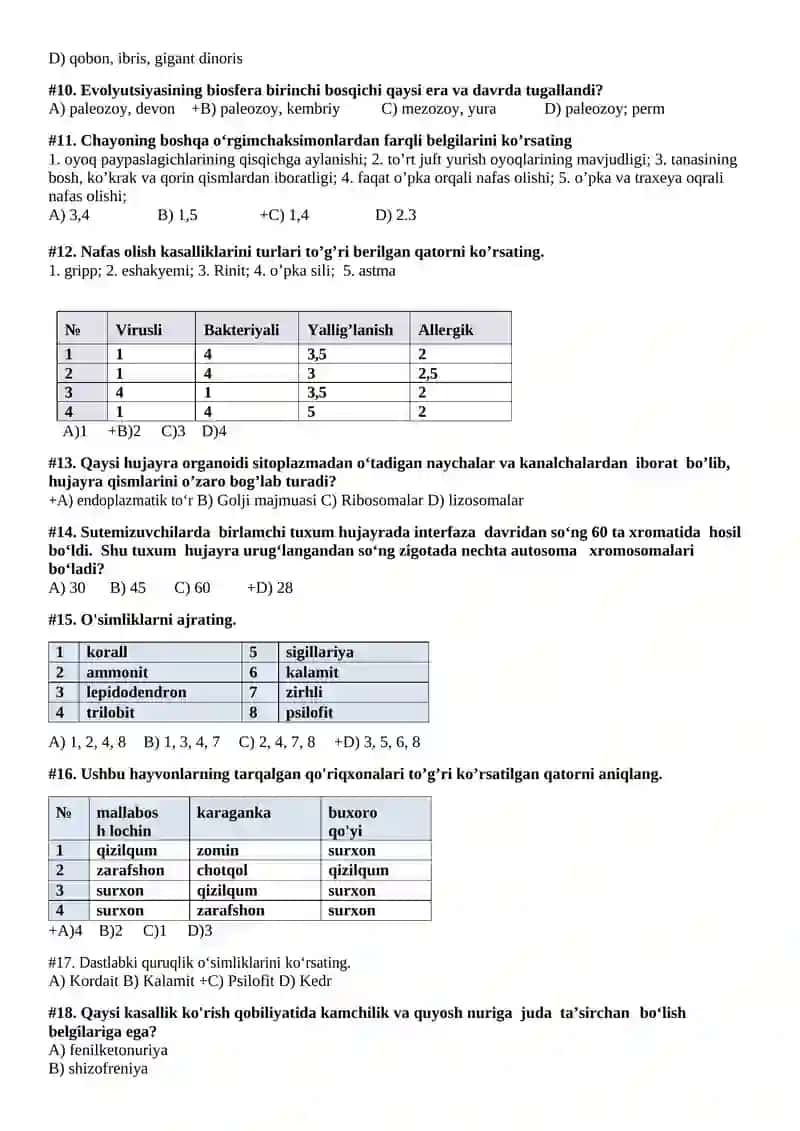 Biologiya fanidan test savollari 2