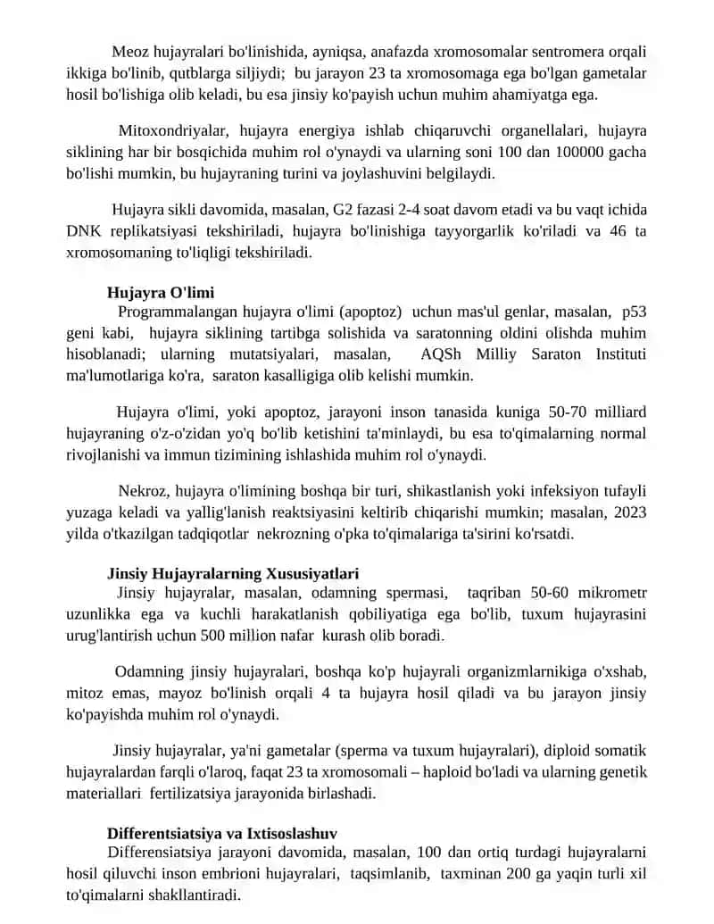 Jinsiy va Somatik hujayralar.O'xshashlik va Farqlar 2