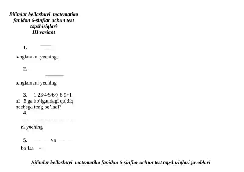 Bilimlar bellashuvi matematika fanidan 6-sinflar uchun test topshiriqlari III variant 2