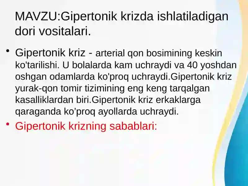 Gipertonik krizda ishlatiladigan dori vositalari 2