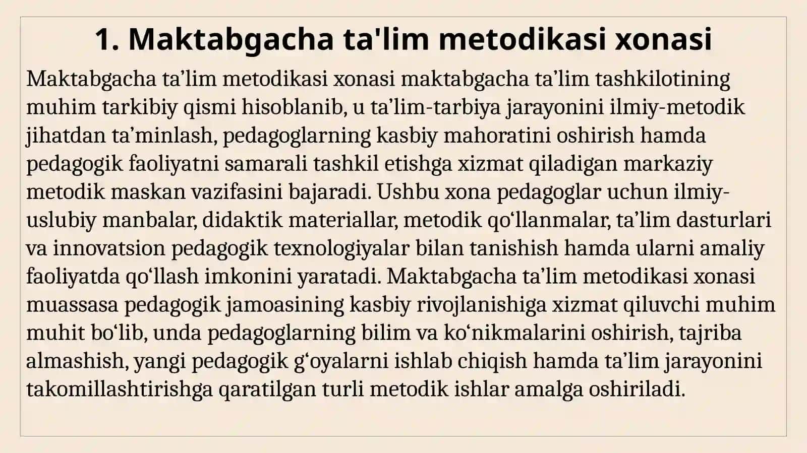 Maktabgacha ta’lim metodikasi xonasi 2