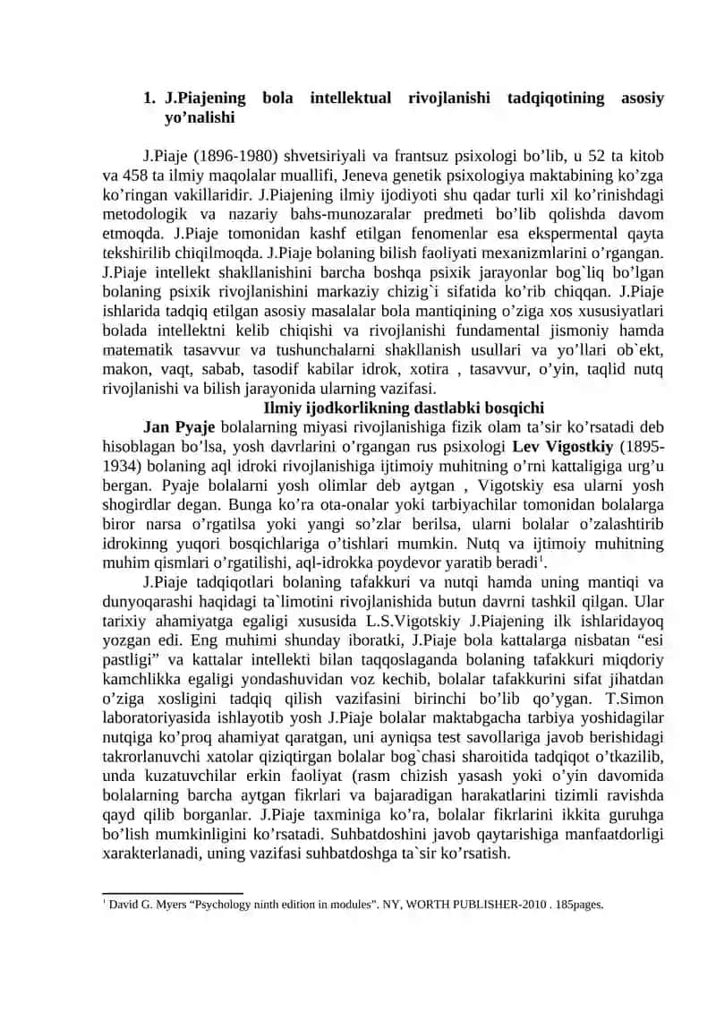 J.Piajening bola intellektual rivojlanishi tadqiqotining asosiy yo’nalishi 2