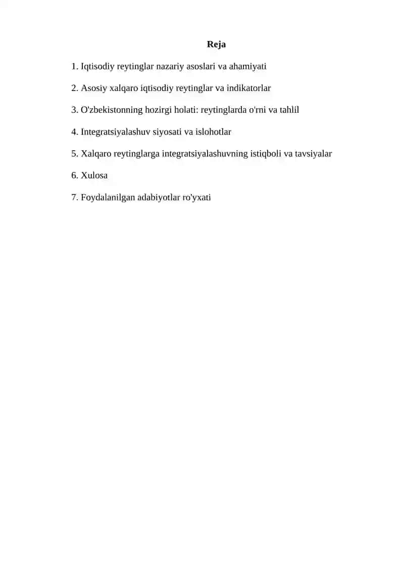 Iqtisodiy sohadagi xalqaro reytinglar va ularga O'zbekistonning integratsiyalashuviiqtisod 2