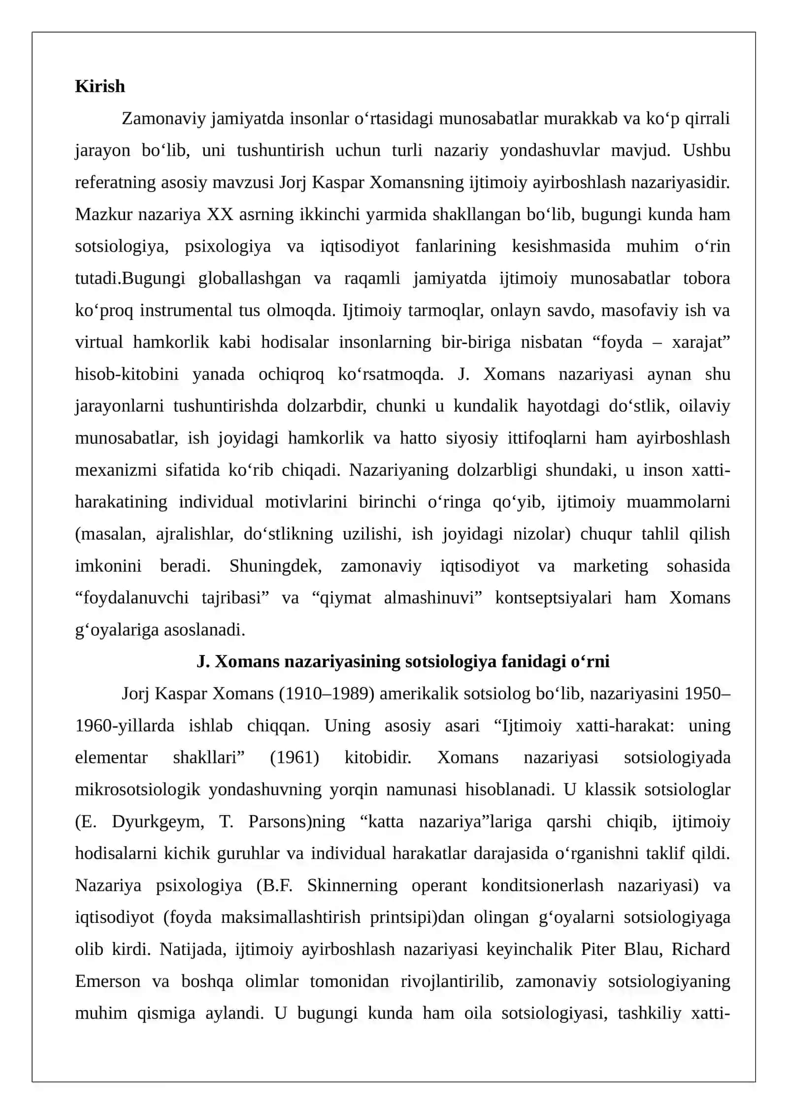 J. Xomansning ijtimoiy ayirboshlash nazariyasi 2
