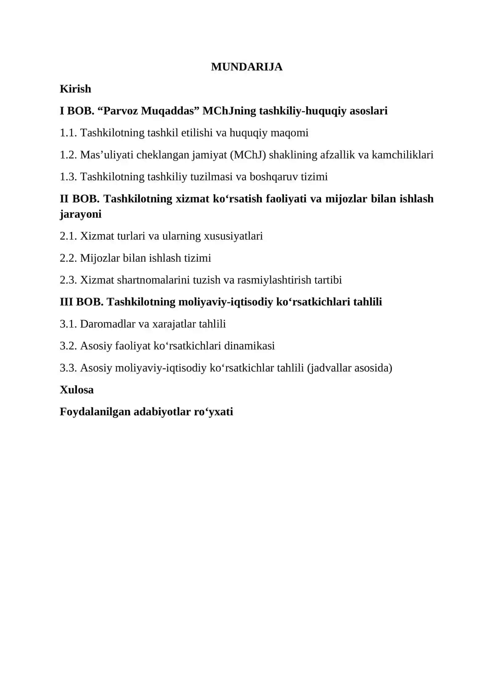 Xizmat ko‘rsatish (umumiy xizmatlar, logistika, transport) BOʻYICHA AMALIYOT HISOBOTI. 2