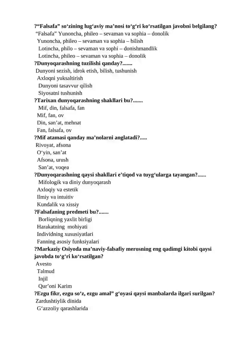 "Falsafa" fanidan yakuniy nazorat uchun test savollari 2