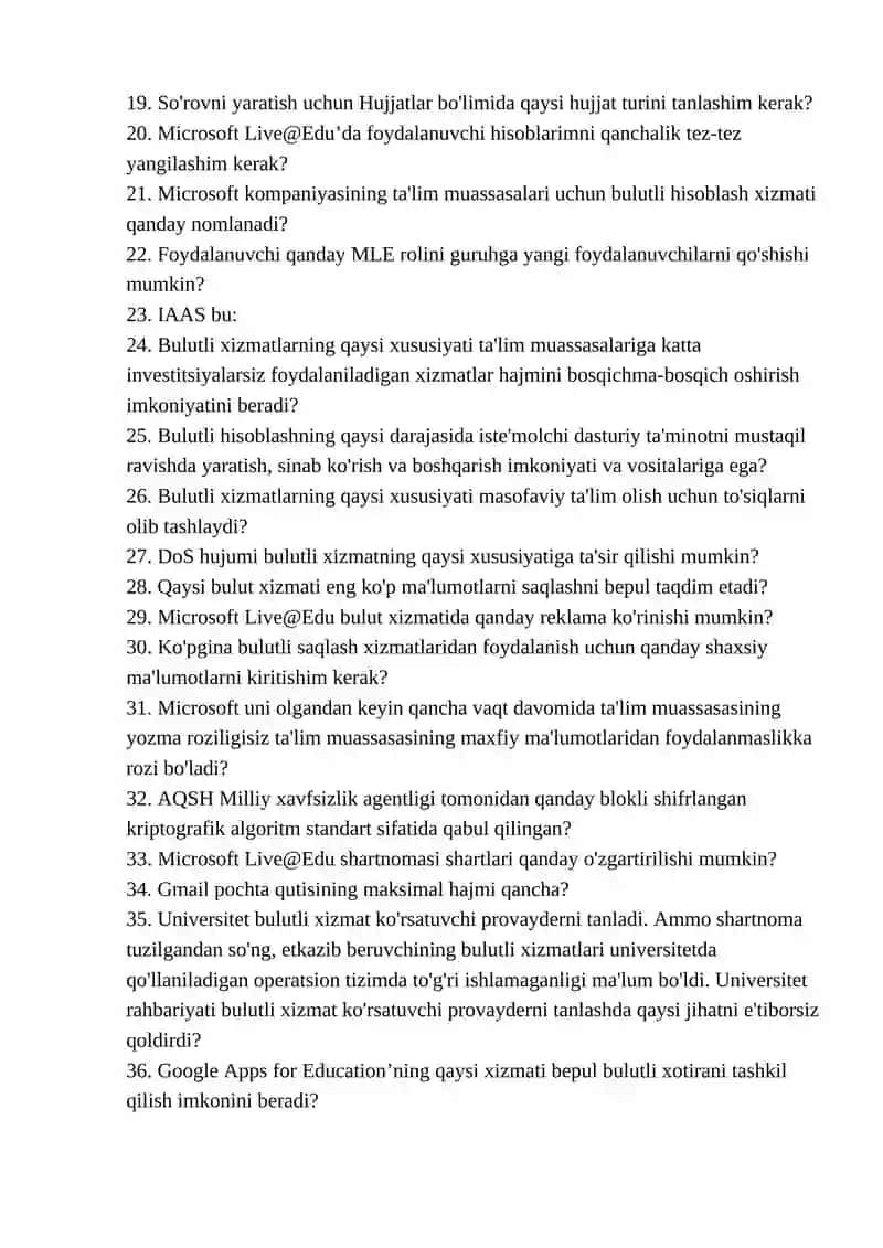 Bulutli hisoblash va servis fanidan yakuniy savollari bazasi 2