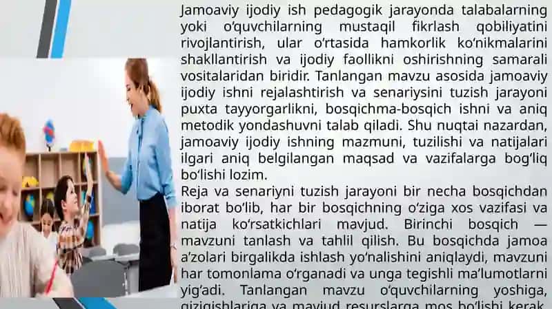 Tanlangan mavzu asosida jamoaviy ijodiy ishning rejasi senariysini tuzish 2