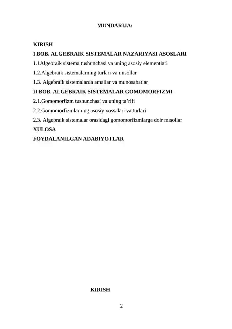 Algebraik sistemalar. Algebraik sistemalarning gomomorfizimi 2