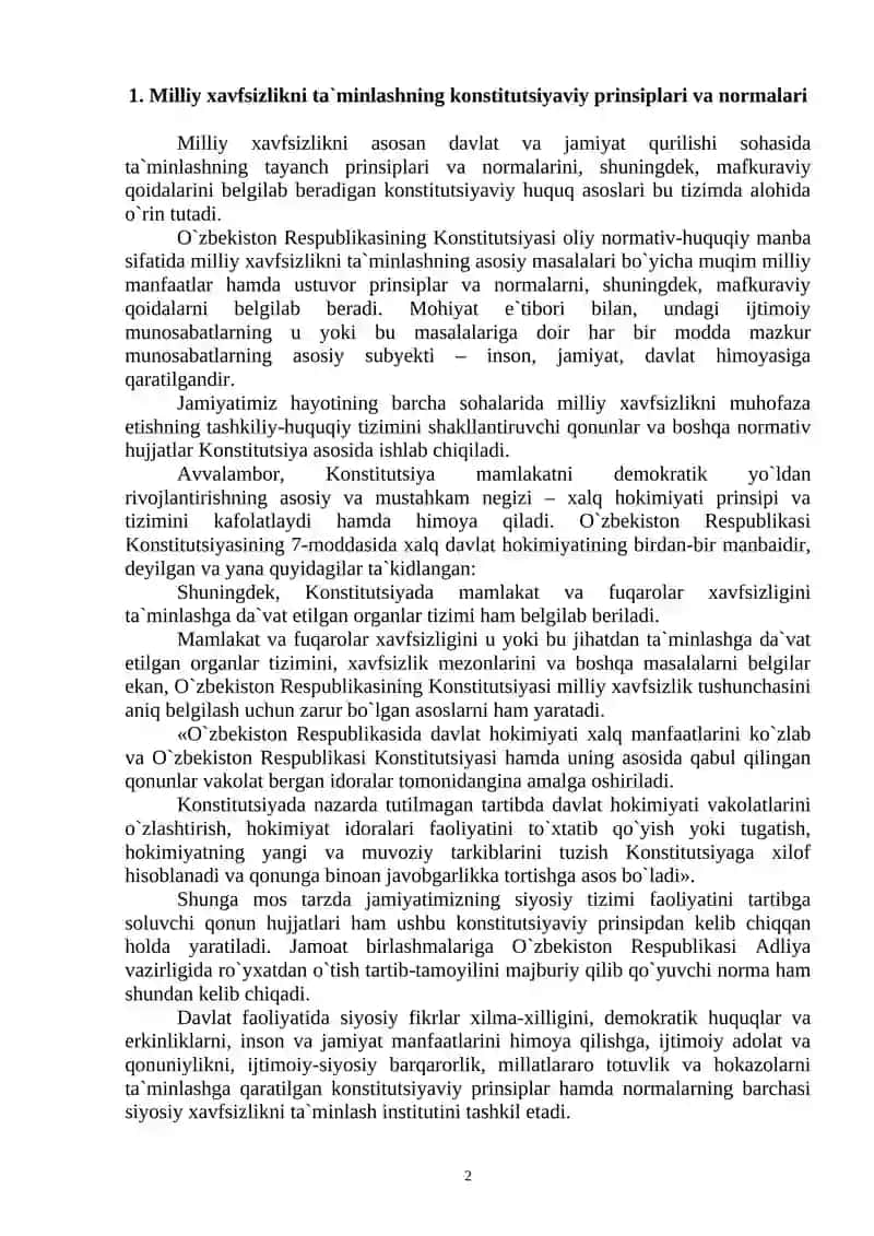 O`zbekiston Respublikasi xavfsizligi va mudofaasini ta`minlashning konstitutsiyaviy asoslari 2