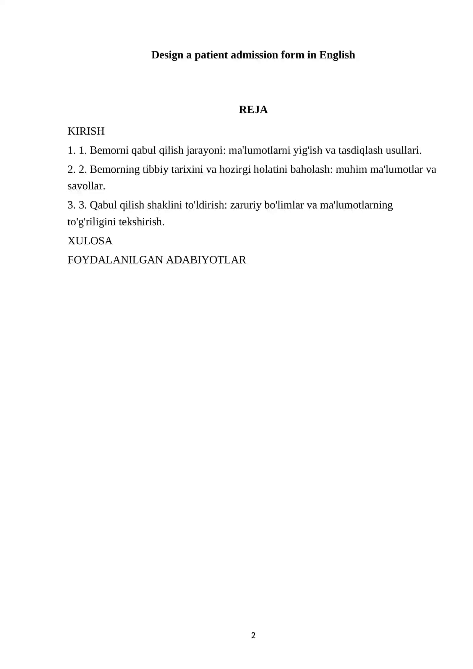 Bemorni qabul qilish jarayoni in English 2