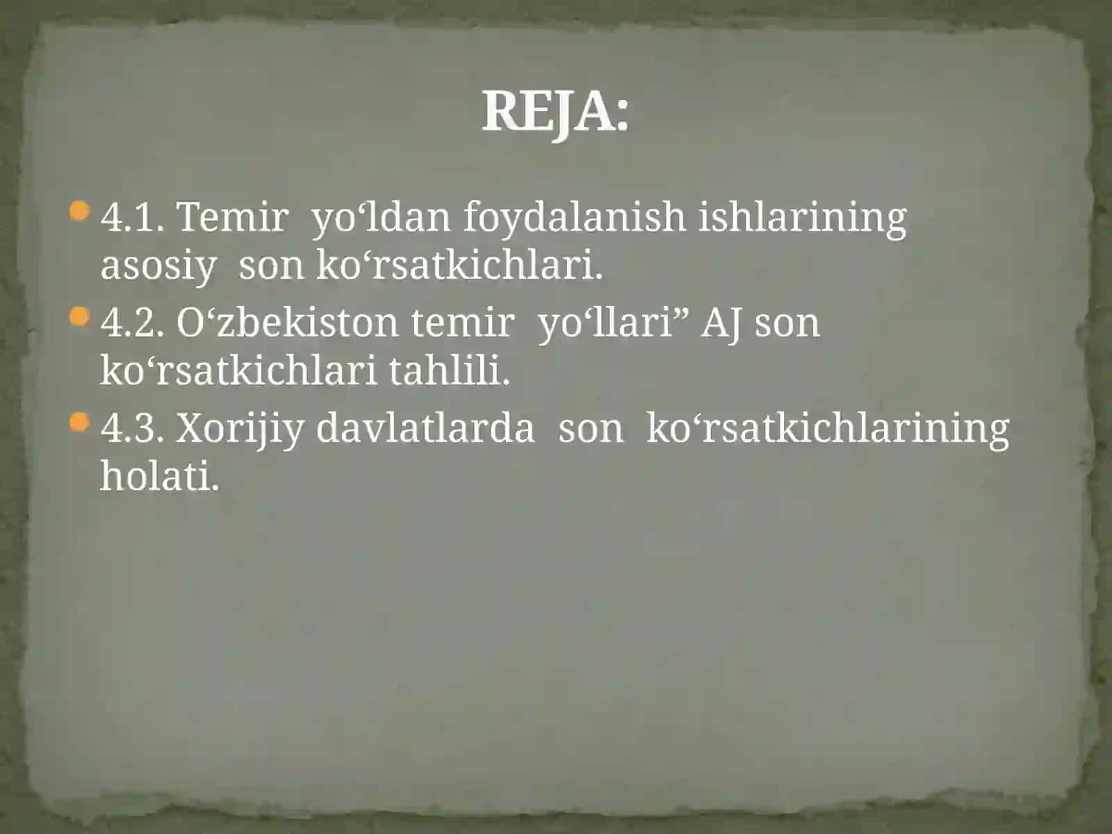 Temir yo‘ldan foydalanish ishlarining asosiy son ko‘rsatkichlari va ularning hisobi 2