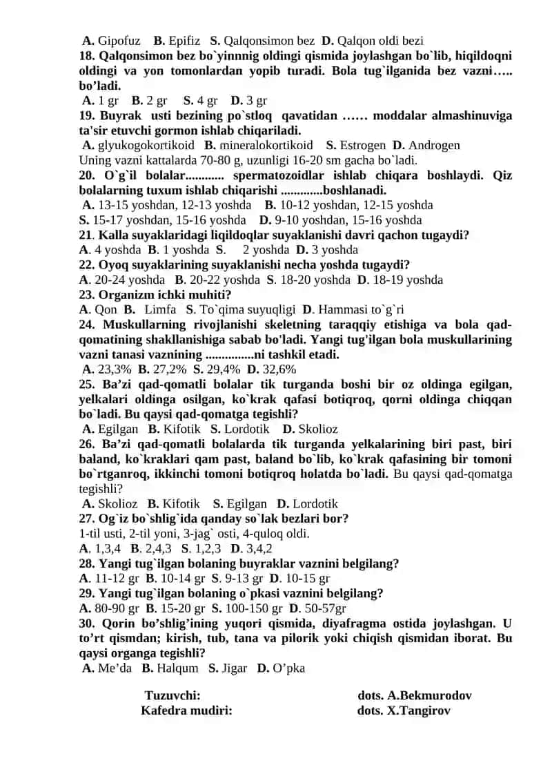 Yosh fiziologiyasi variant savollari 2