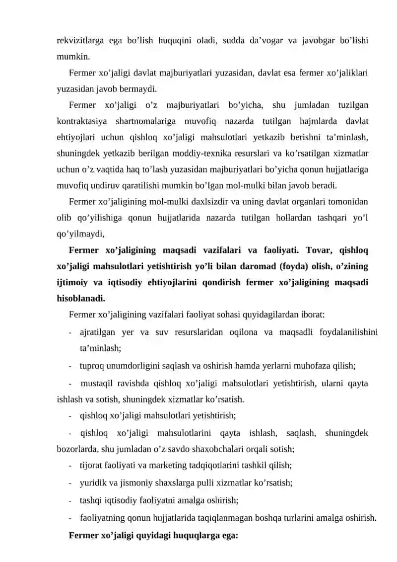 O’zbekiston dehqon va fermer xo’jaliklarini rivojlantirish davlat daturlari 2