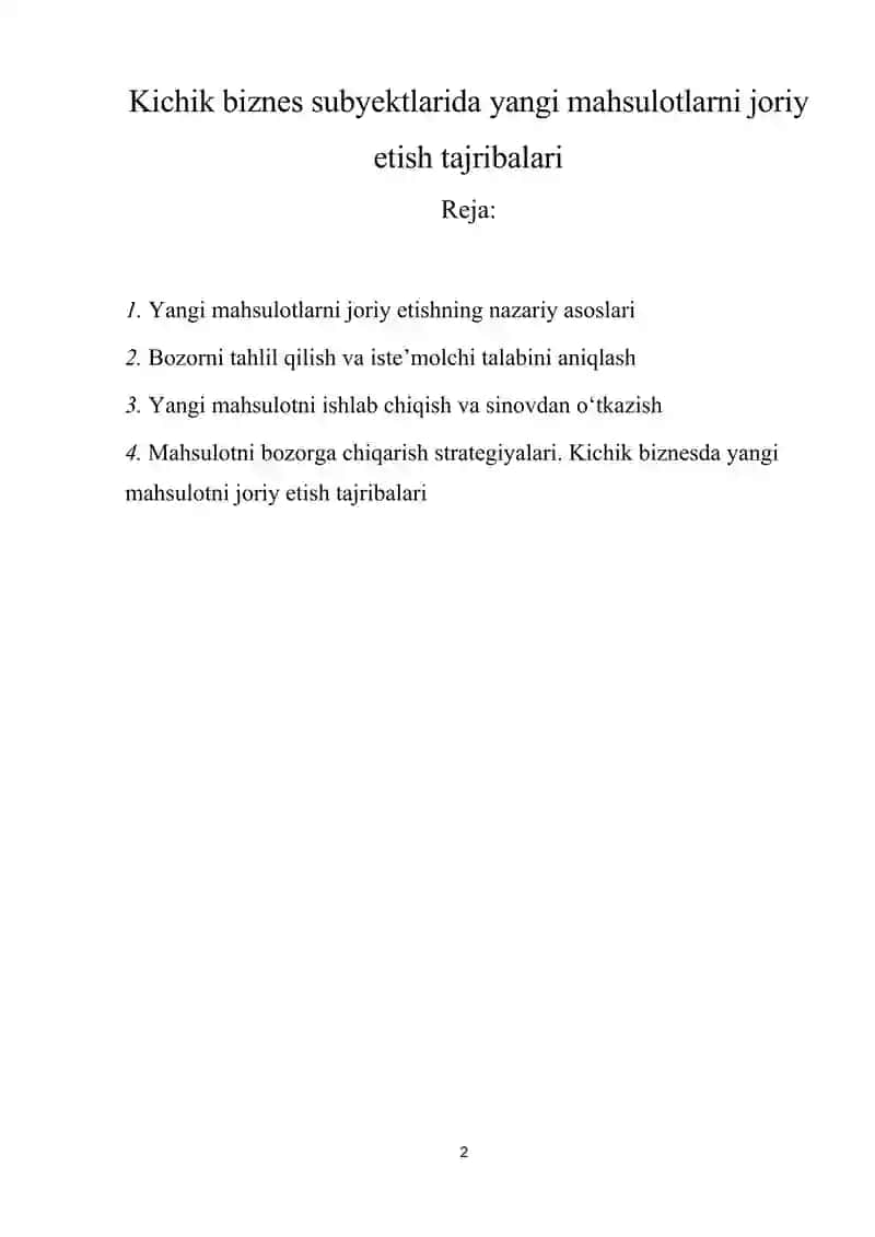 Kichik biznes subyektlarida yangi mahsulotlarni joriy etish tajribalari 2
