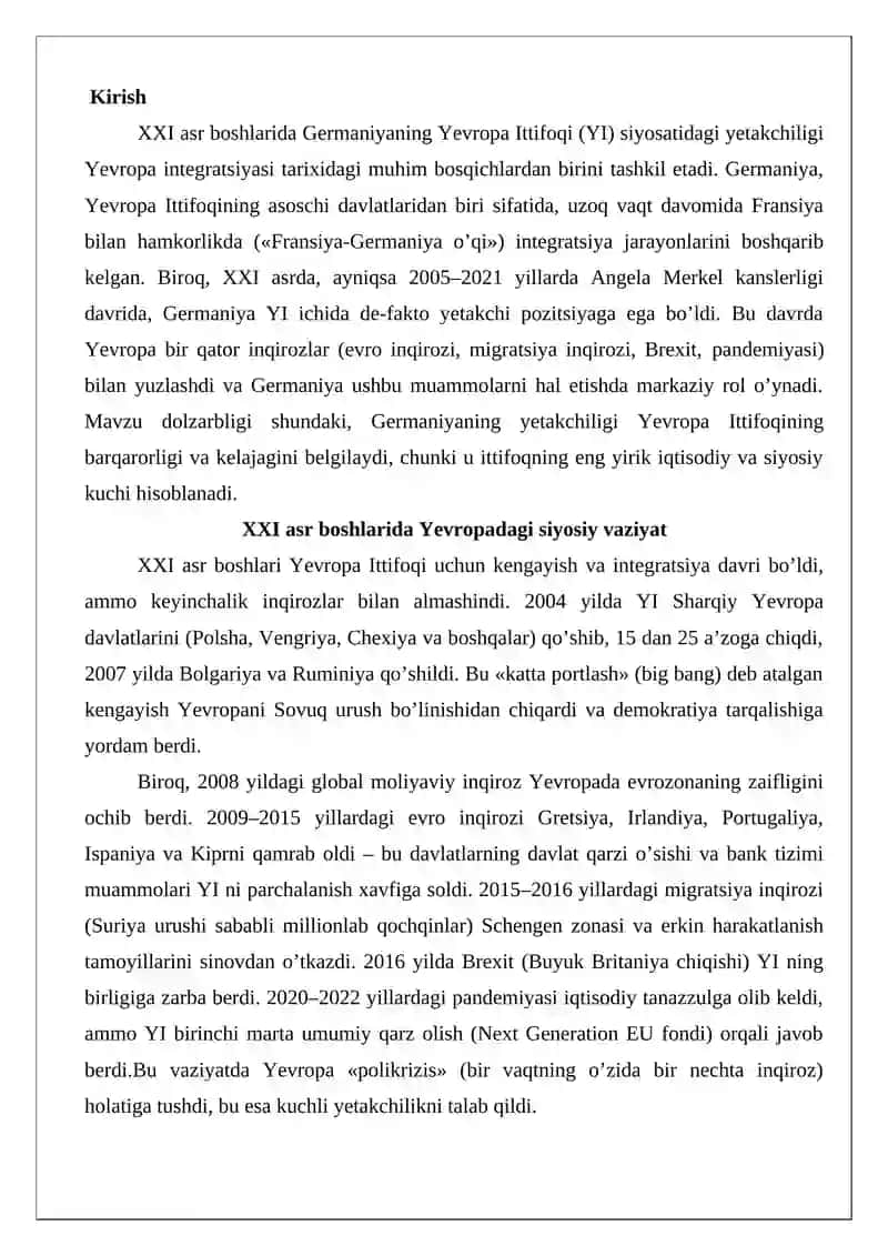 XXI asr boshlarida Germaniyaning Yevropa Ittifoqi siyosatidagi yetakchiligi 2