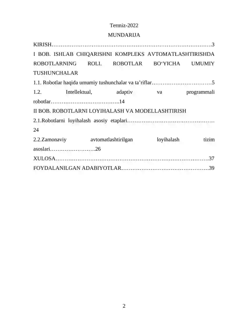 KURS ISHI: ROBOTLARNI LOYIHALASH VA MODELLASHTIRISH 2
