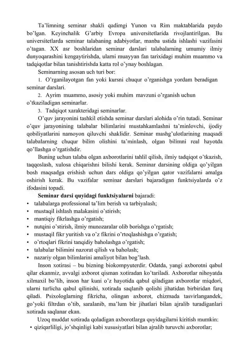 Seminar va amaliy mashg’ulotlarga tayyorgarlik ko’rish va ularni o’tkazish 2