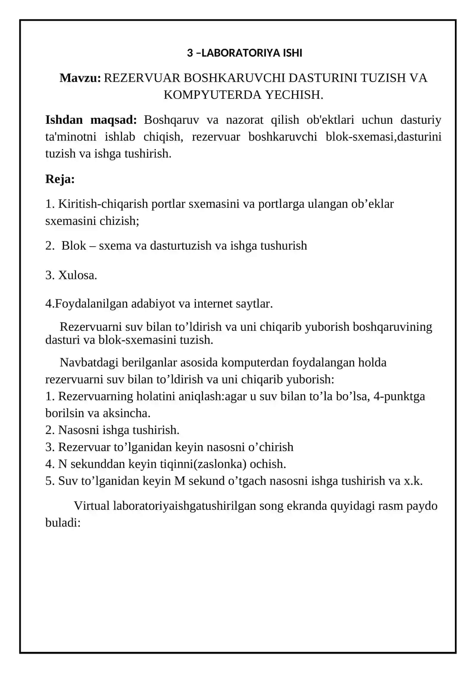 REZERVUAR BOSHKARUVCHI DASTURINI TUZISH VA KOMPYUTERDA ECHISH 2