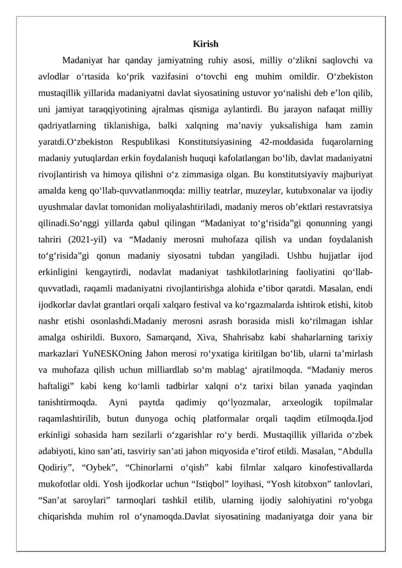 O‘zbekistonning madaniyat sohasidagi yutuqlari 2