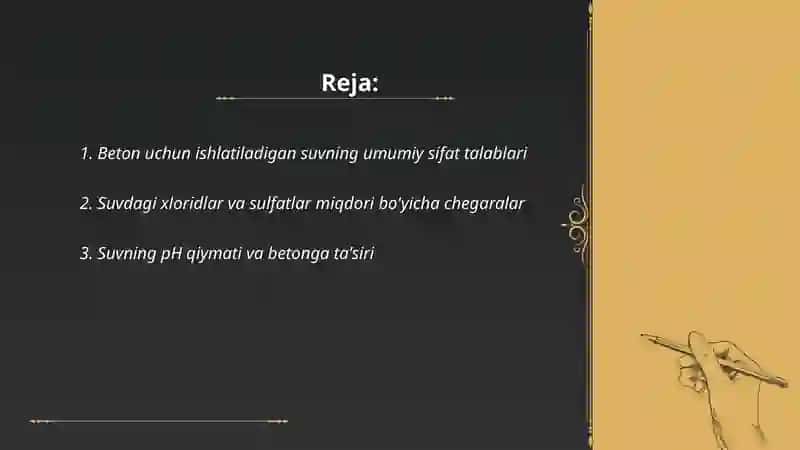 Beton tayorlash uchun suvga quyiladigan talablar 2