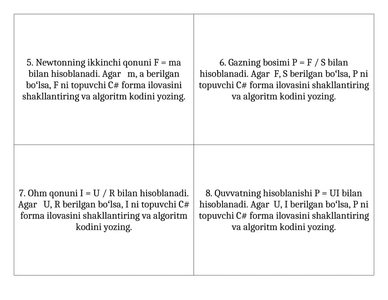 Jismning potensial energiyasi E = mgh bilan hisoblanadi. Agar m, g, h lar berilgan boʻlsa, E ni topib beruvchi C# forma ilovasini shakllantiring va algoritm kodini yozing 2