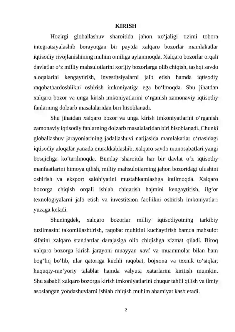 Xalqaro Bozor va unga Kirish Imkoniyatlari 2