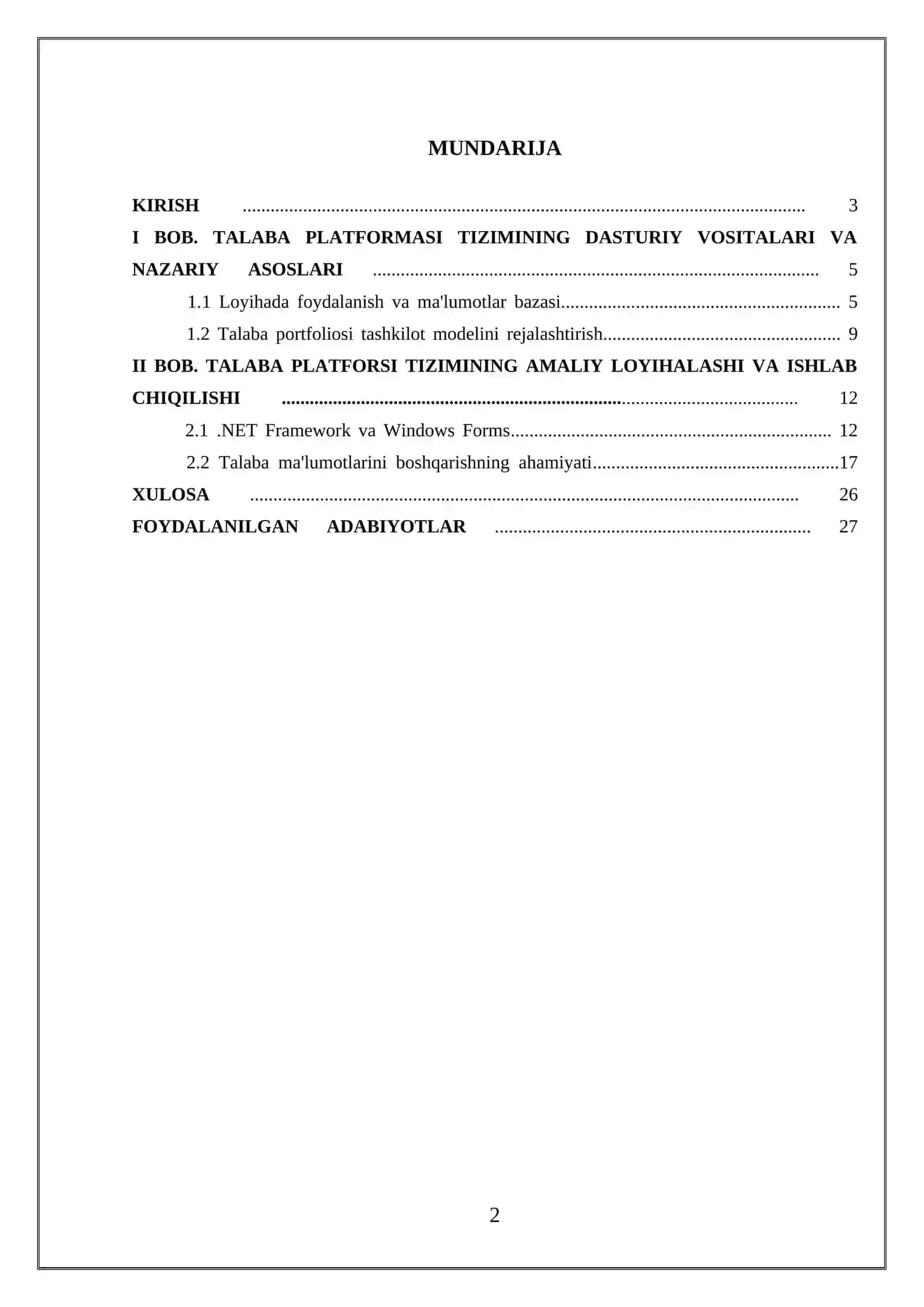 “Talaba platformasi” axborot tizimini ishlab chiqish uchun ma’lumotlar bazasini loyihalash 2