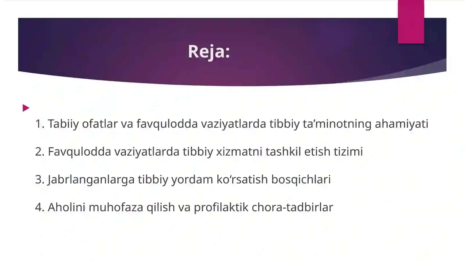 Aholining tabiiy ofatlar, katta falokatlar va talafotlarda tibbiy jihatdan ta’minlanishini tashkil etish 2