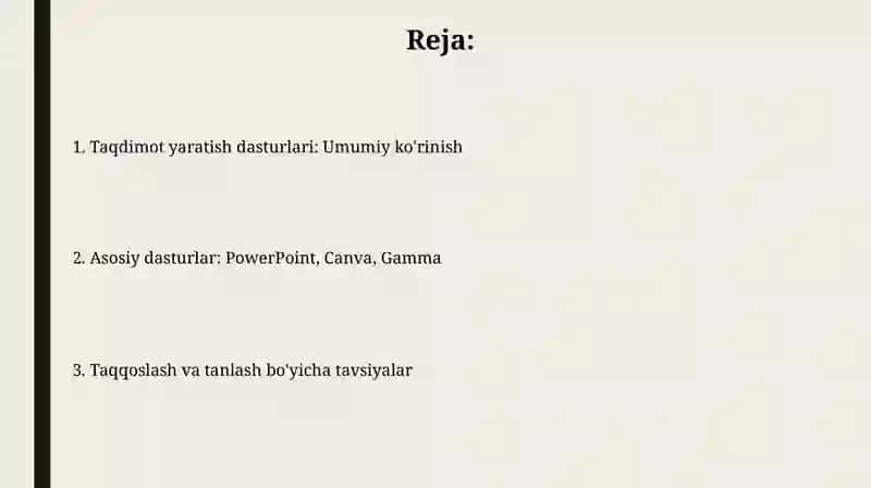 Taqdimotlar yaratish dasturlari MS Power Point canva, gamma haqida umumiy malumot VA vazifalari 2