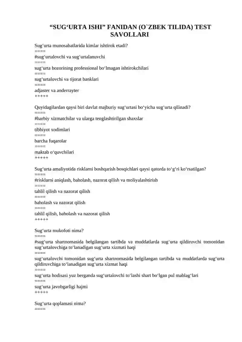 “SUG‘URTA ISHI” FANIDAN (O`ZBEK TILIDA) TEST SAVOLLARI. 2