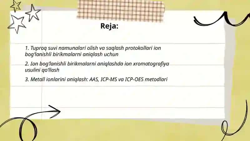 Tuproq suvning ifloslanishida ion bogʻlanishli birikmalarni aniqlab ulardan tozalash g'oyasini ishlab chiqish 2
