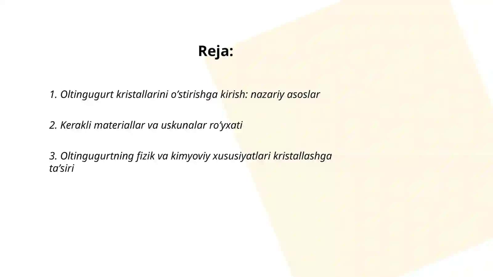 Oltingugurt kristallarini oʼstirish 2