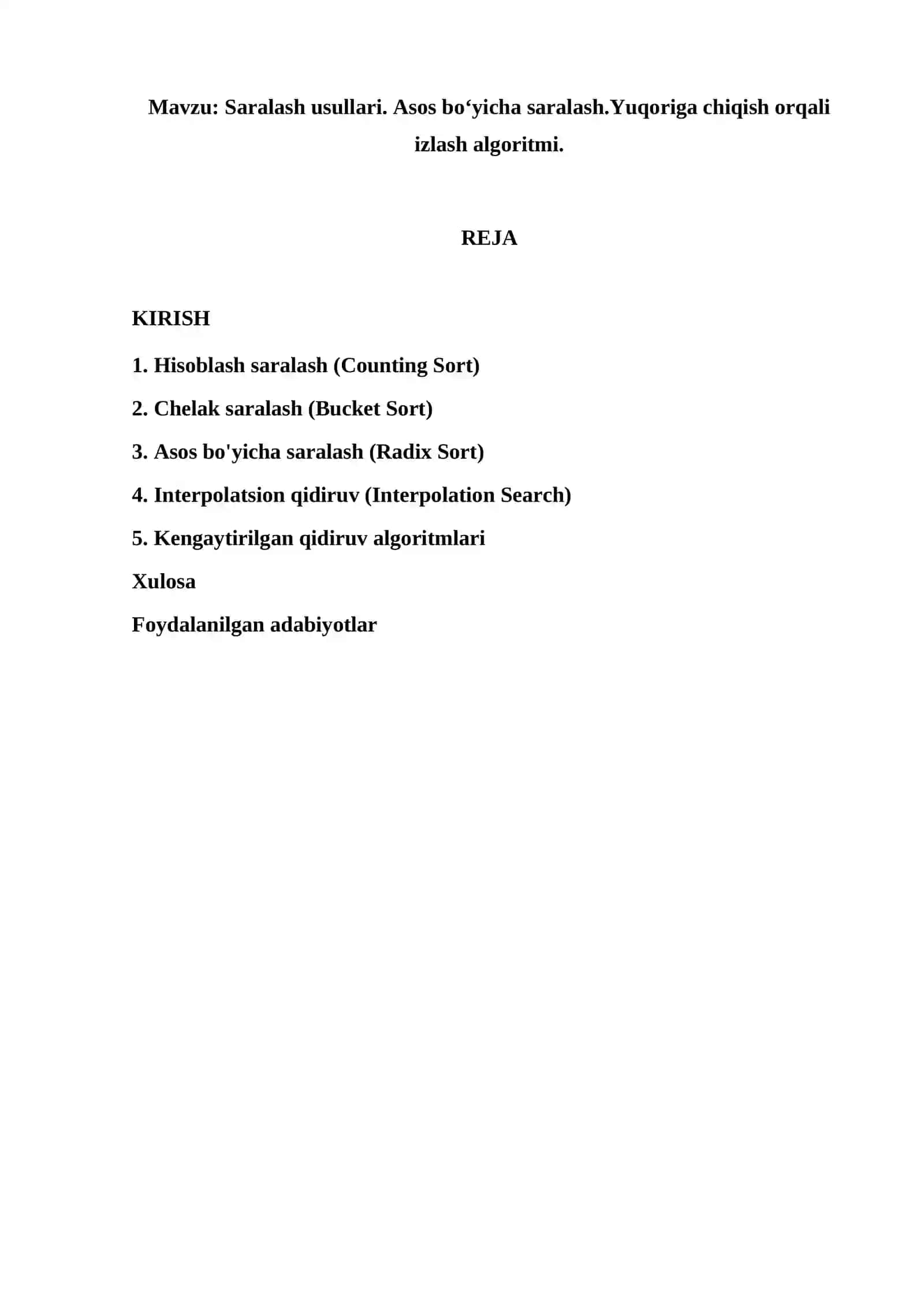 Saralash usullari. Asos bo‘yicha saralash.Yuqoriga chiqish orqali izlash algoritmi. 2