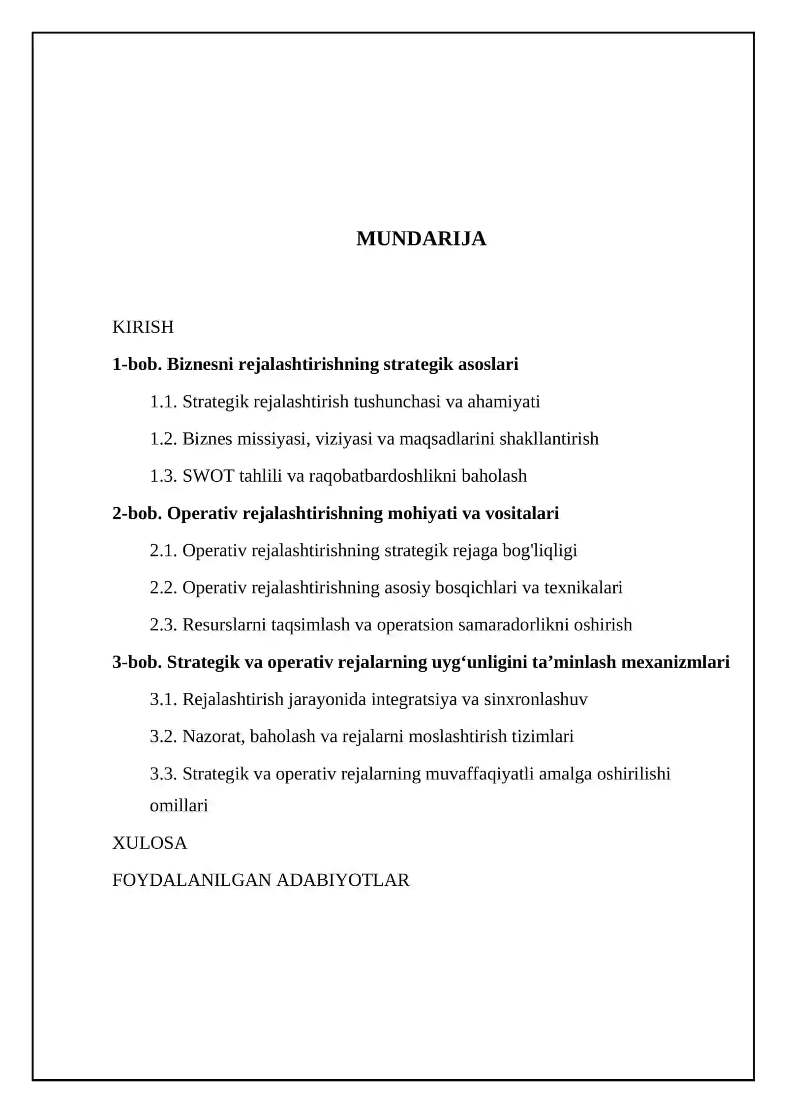 Biznesni rejalashtirishda strategik va operativ rejalarning uyg‘unligi 2