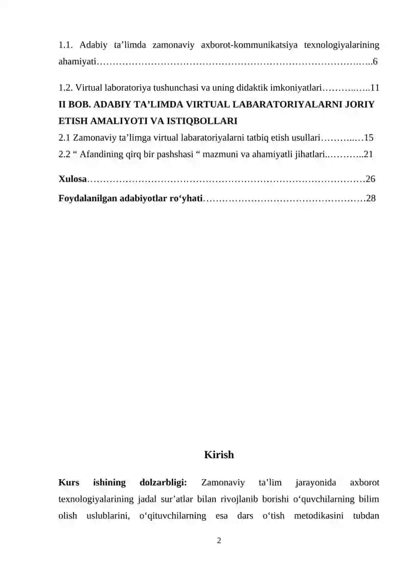 "Adabiyot o‘qitish metodikasi" fanidan Virtual labaratoriyalar va ularning adabiyot o’qitishdagi o’rni (Afandining qirq bir pashshasi) mavzusidagi KURS ISHI 2