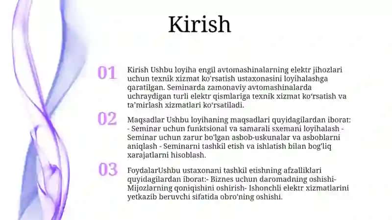 Yengil Avtomobillarning Elektr Jihozlariga Texnik Xizmat KoʻRsatish Ustaxonasini Loyihalash 2