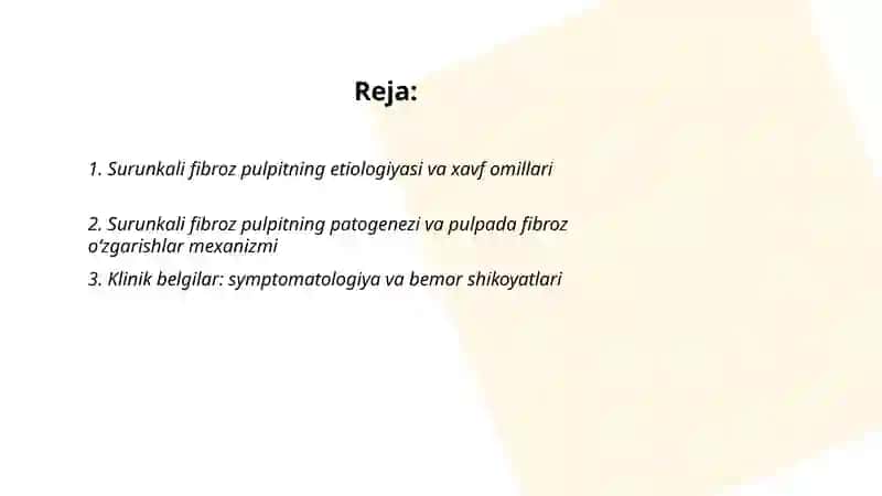 Surunkali fibroz pulpit. Klinikasi. Diagnostika va differensial diagnostika 2