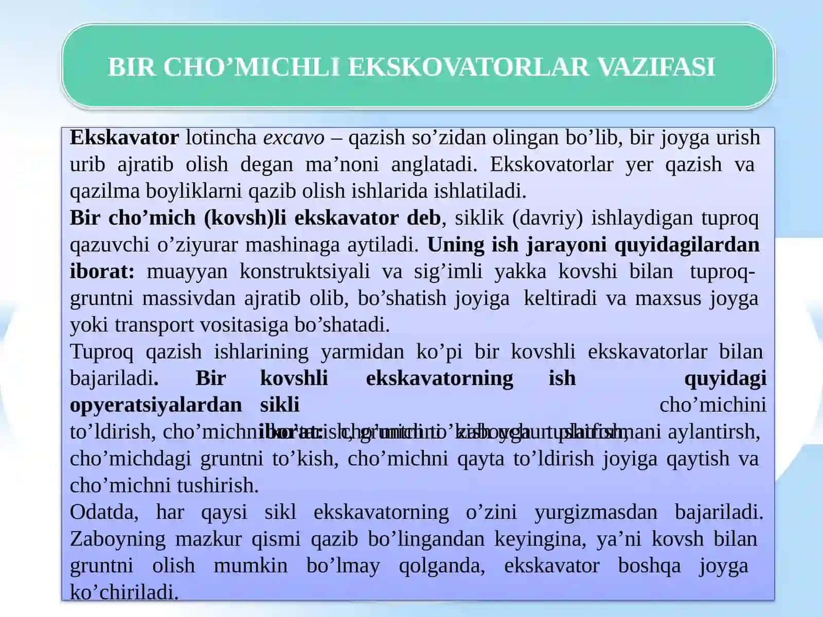 BIR CHO’MICHLI (KOVUSHLI) EKSKOVATORLAR VAZIFASI 2