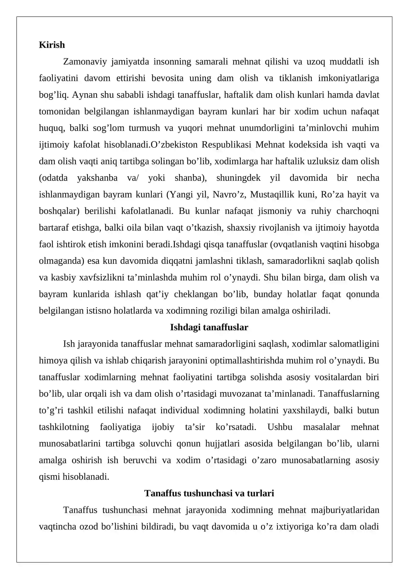 Ishdagi tanaffuslar. Dam olish kunlari va ishlanmaydigan bayram kunlari 2