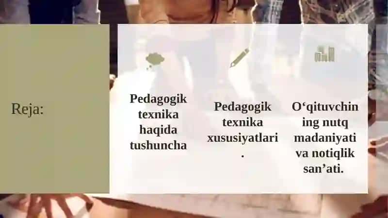 Pedagogik texnika haqida tushuncha. Pedagogik texnikani shakllantirish metodikasi. Nutq texnikasi va madaniyati 2