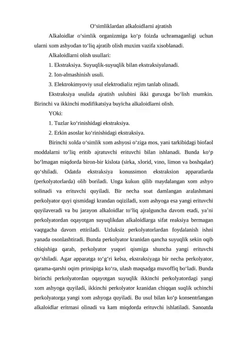 O‘simliklardan alkaloidlarni ajratish 2