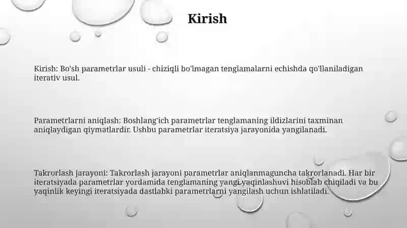 Boshlanĝich Parametrlar Usuli 2