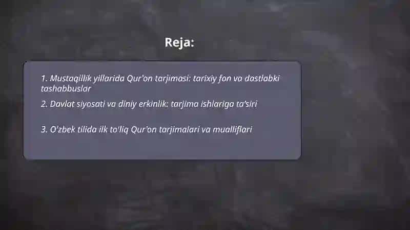 Mustaqillik yillarida Qur’onning o’zbek tiliga tarjima qilinishi va tafsizlari haqida taqdimot tayyorlash 2