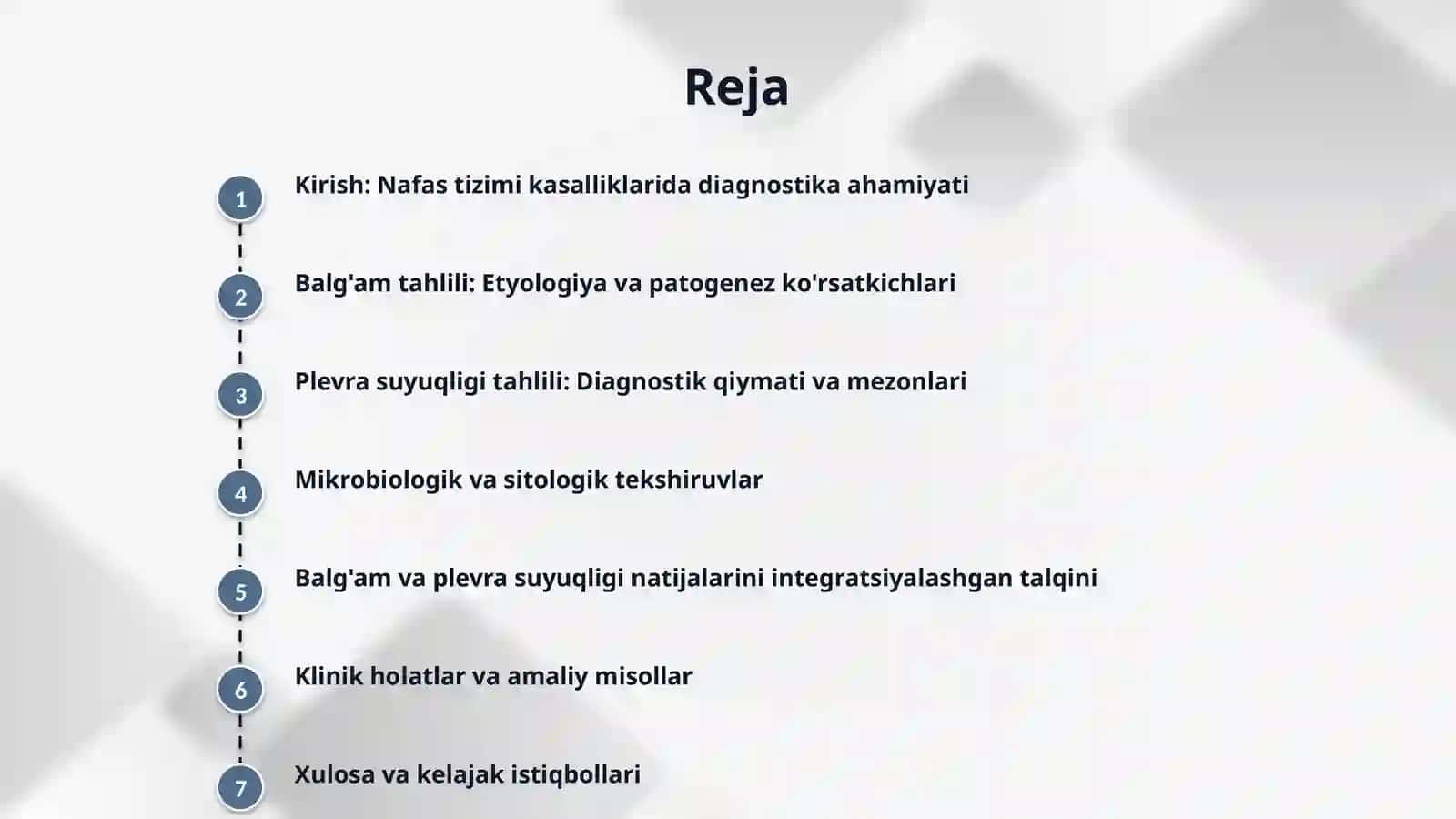 Nafas a’zolari kasalliklaridagi balg‘am va plevra suyuqligini labarator tekshiruv natijalarini interpretatsiyasi. 2